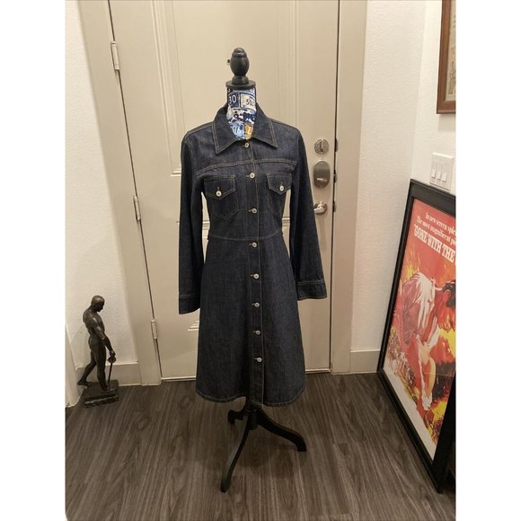 Vintage 90s Kitsch Denim Trench Dress M 100% Cotton Half Belted Western Sz Med - Picture 1 of 6